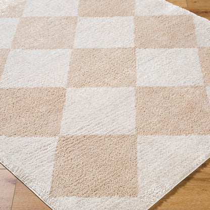 Fossay Cream and Beige Washable Diamond Shaggy Rug