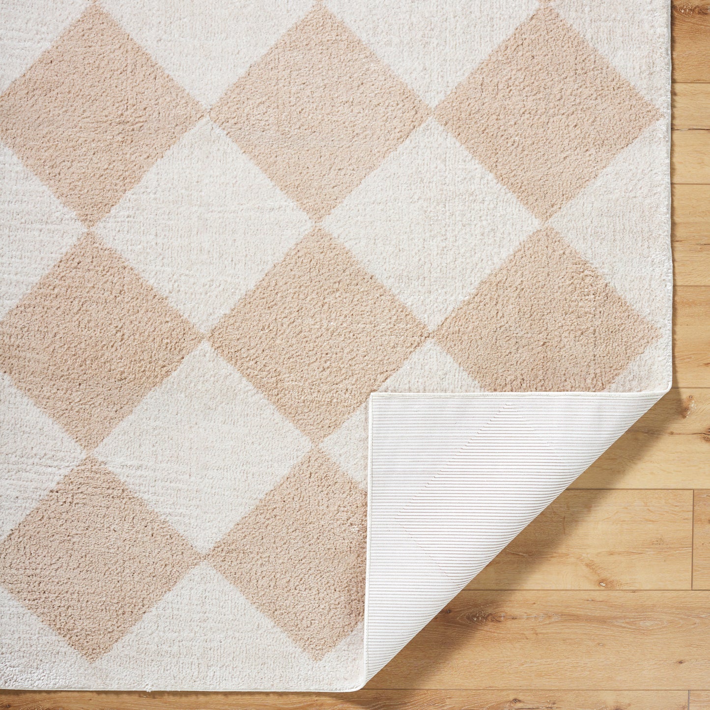 Fossay Cream and Beige Washable Diamond Shaggy Rug
