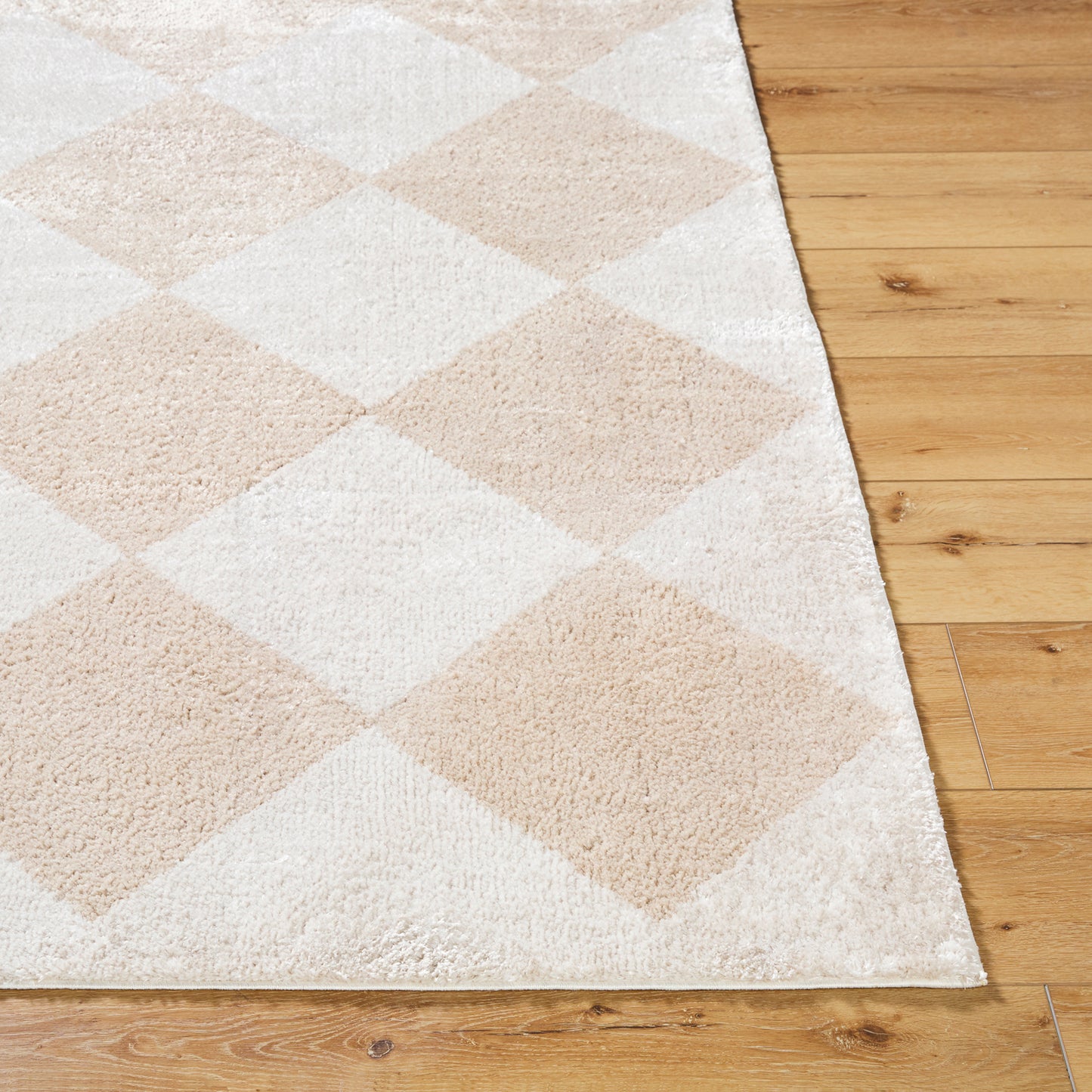 Fossay Cream and Beige Washable Diamond Shaggy Rug