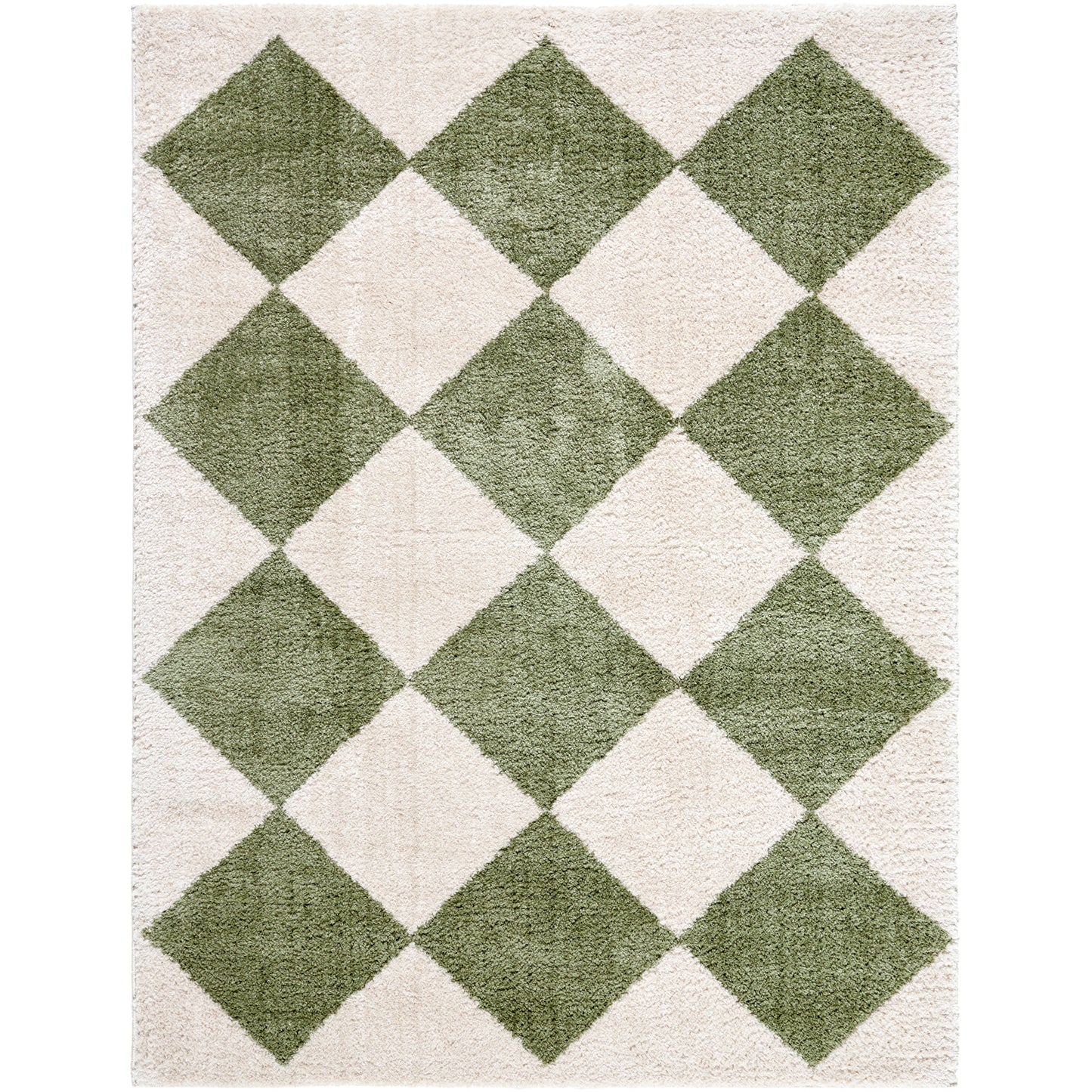 Fossay Green and Cream Washable Diamond Shaggy Rug
