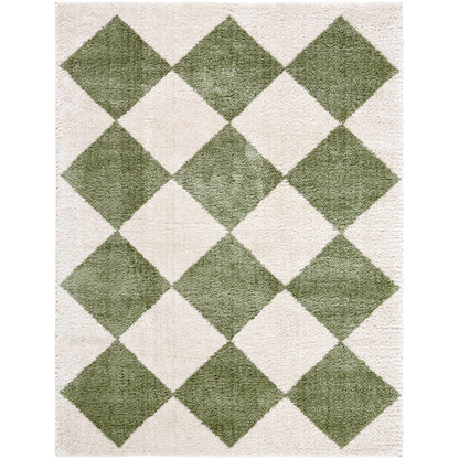 Fossay Green and Cream Washable Diamond Shaggy Rug