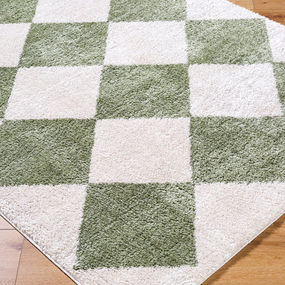 Fossay Green and Cream Washable Diamond Shaggy Rug