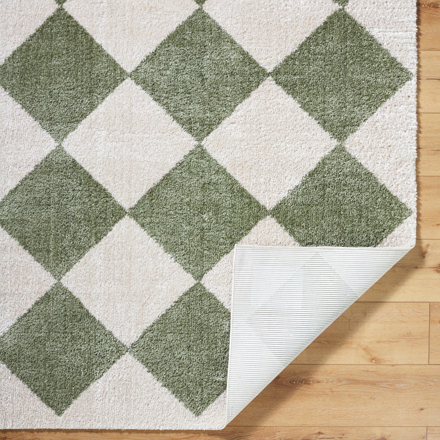 Fossay Green and Cream Washable Diamond Shaggy Rug
