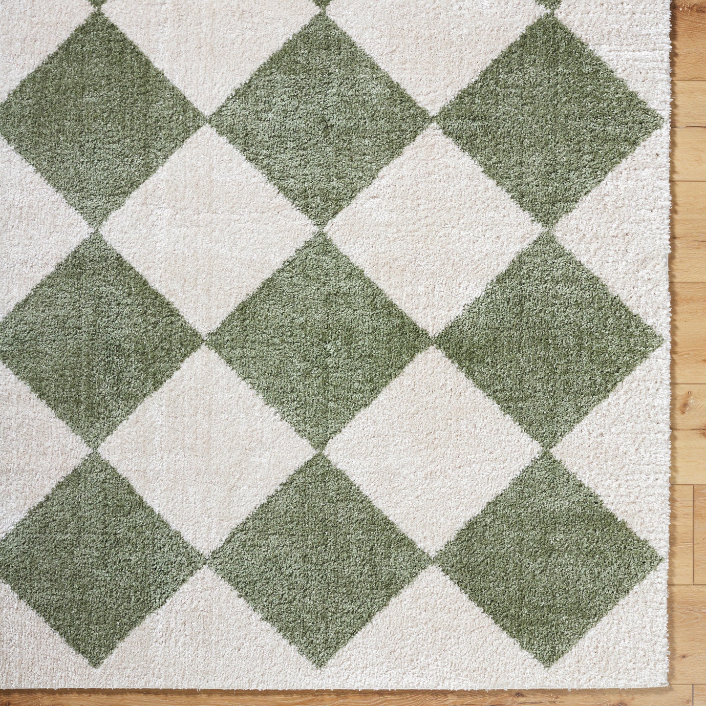 Fossay Green and Cream Washable Diamond Shaggy Rug