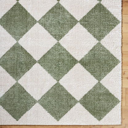 Fossay Green and Cream Washable Diamond Shaggy Rug