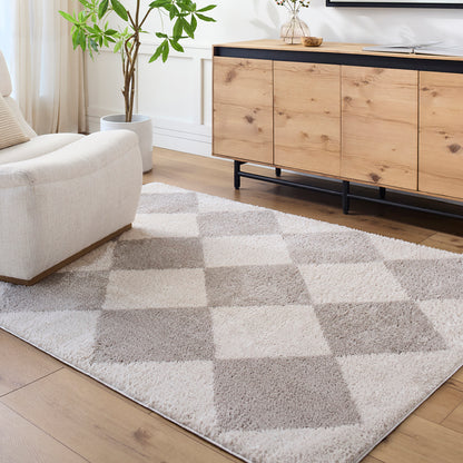 Fossay Grey and Cream Washable Diamond Shaggy Rug