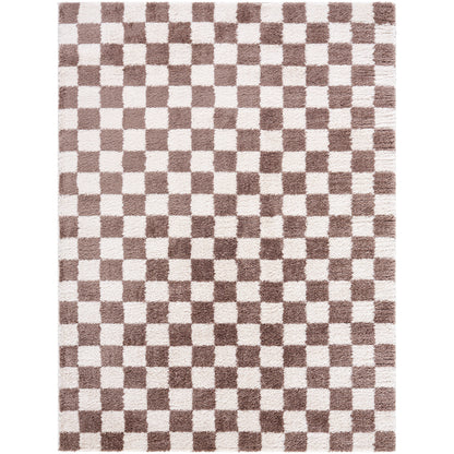 Fossay Brown and Cream Washable Checkered Shaggy Rug