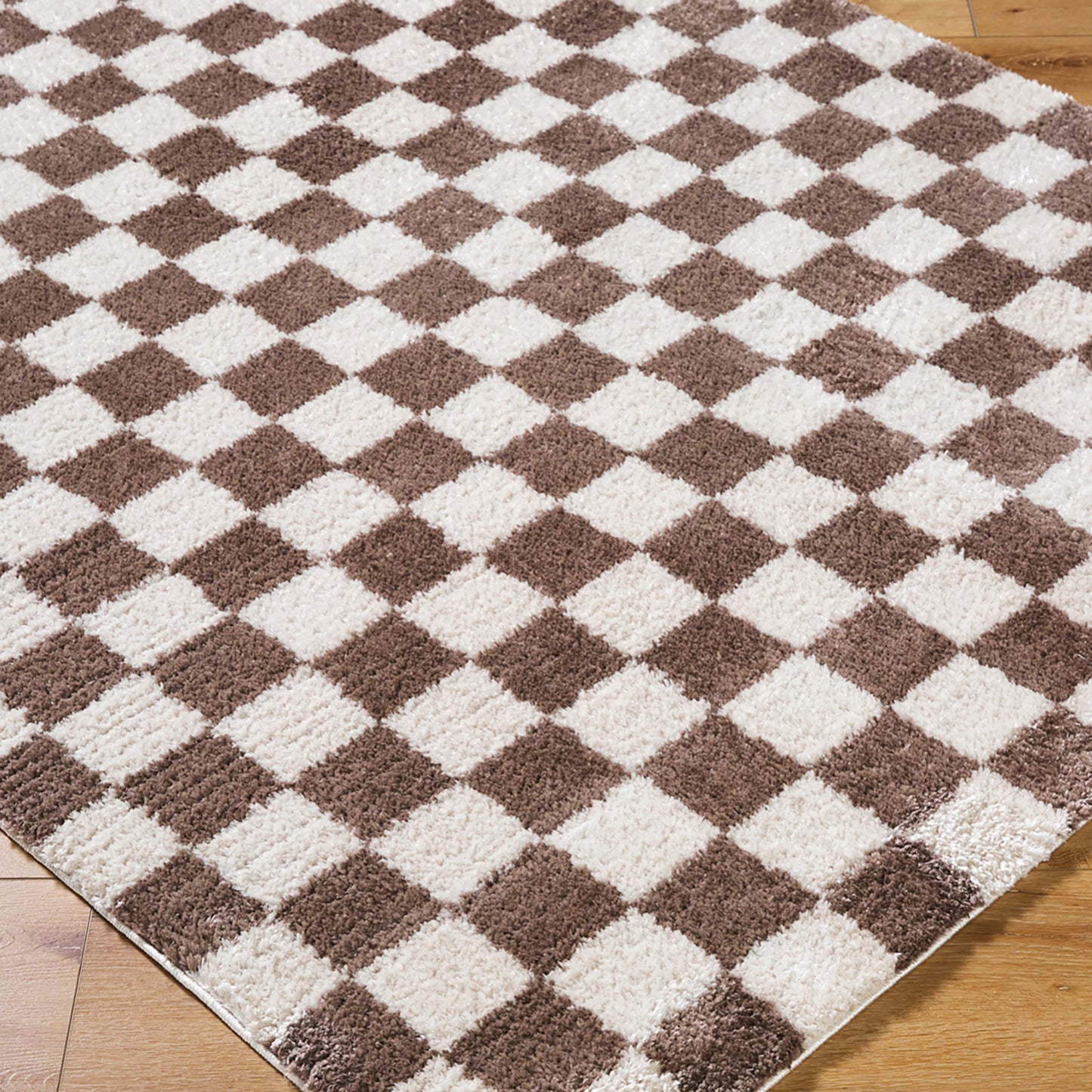 Fossay Brown and Cream Washable Checkered Shaggy Rug