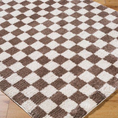 Fossay Brown and Cream Washable Checkered Shaggy Rug