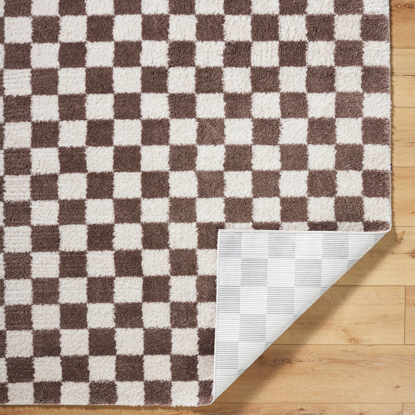 Fossay Brown and Cream Washable Checkered Shaggy Rug