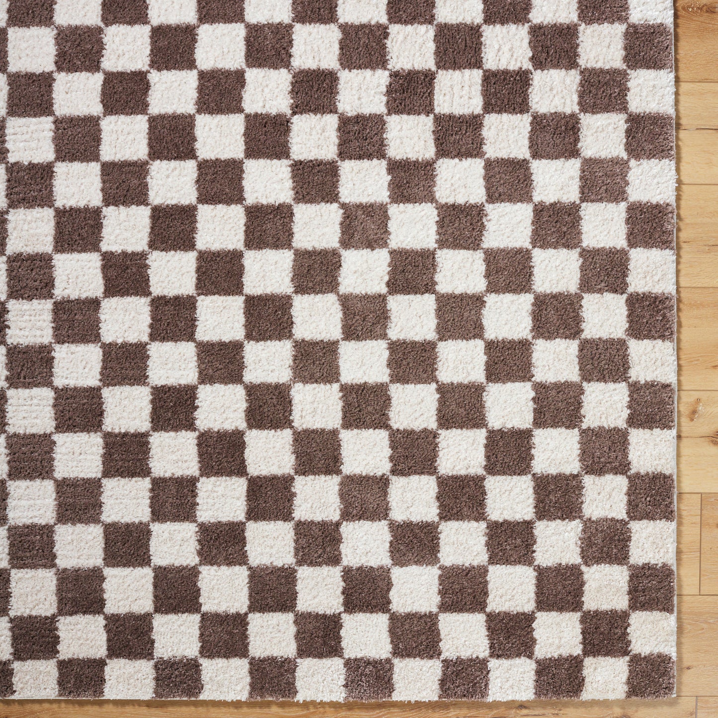 Fossay Brown and Cream Washable Checkered Shaggy Rug