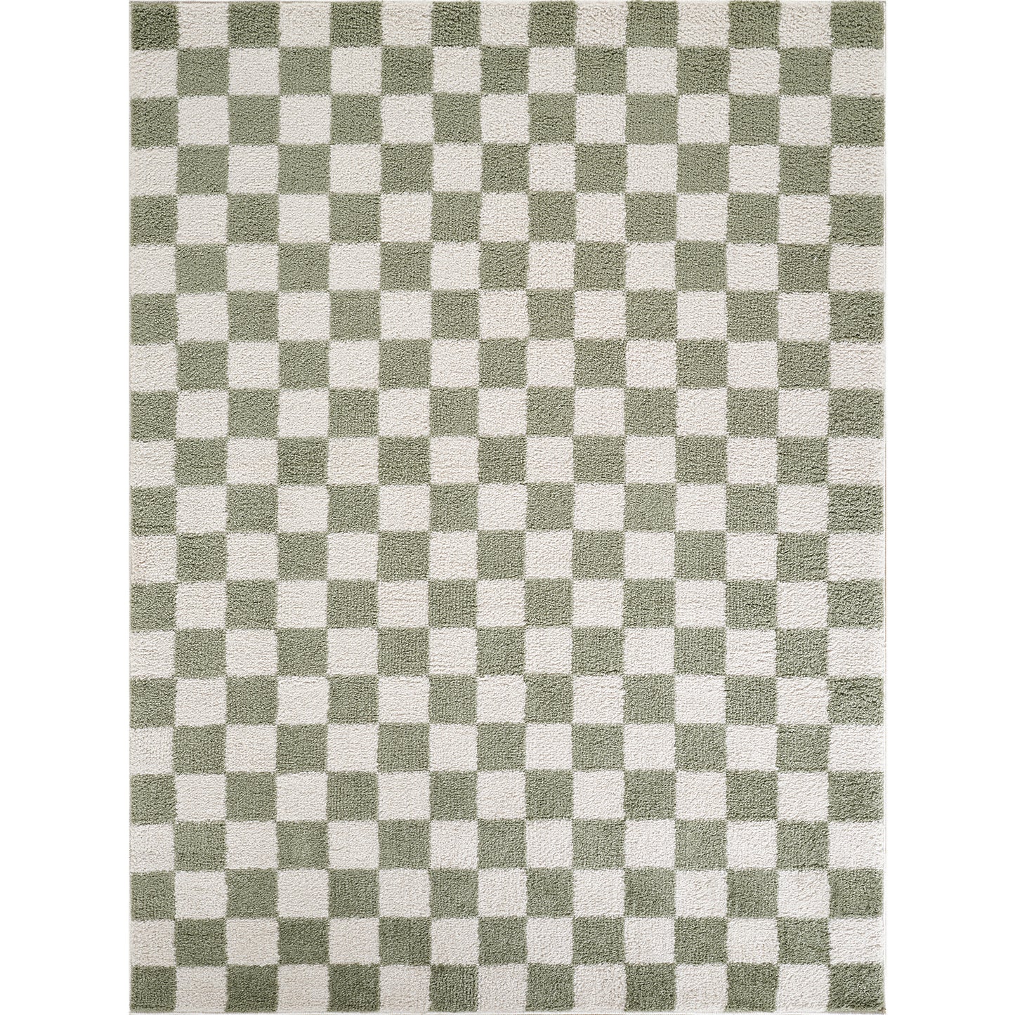 Fossay Green and Cream Washable Checkered Shaggy Rug