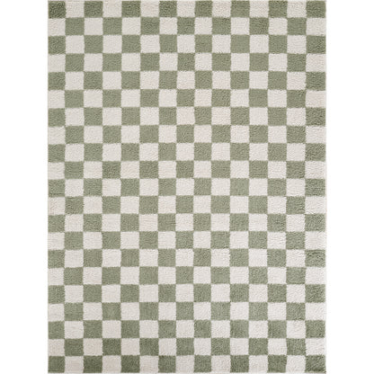 Fossay Green and Cream Washable Checkered Shaggy Rug