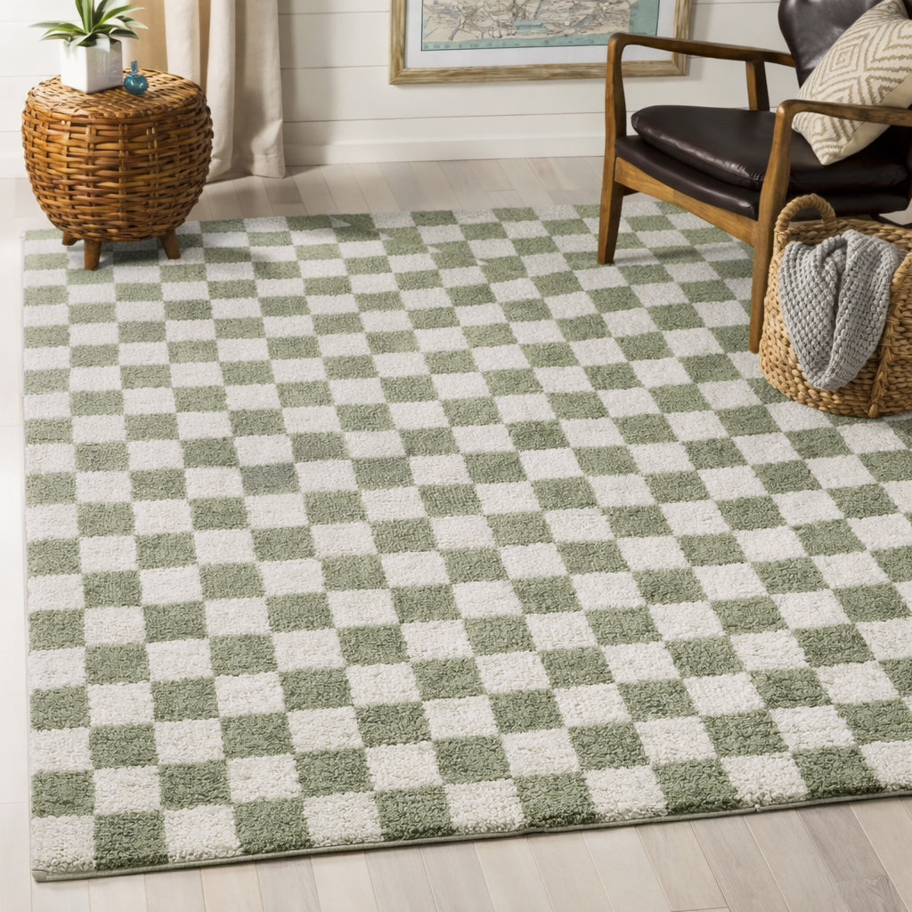 Fossay Green and Cream Washable Checkered Shaggy Rug
