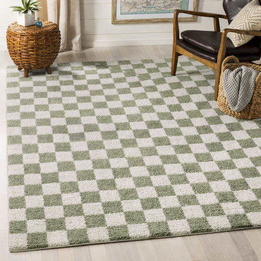 Fossay Green and Cream Washable Checkered Shaggy Rug