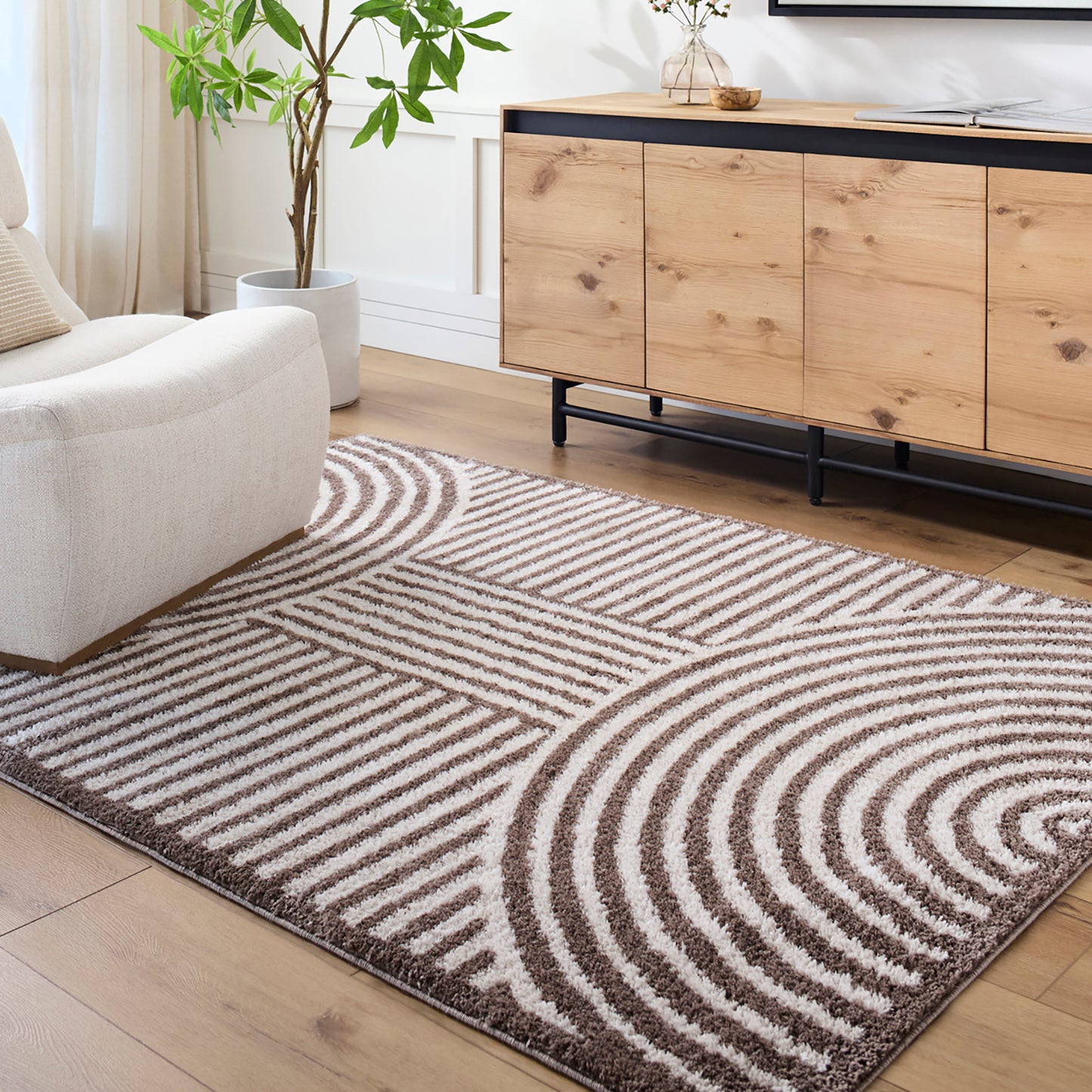 Fossay Brown and Beige Washable Modern Shaggy Rug