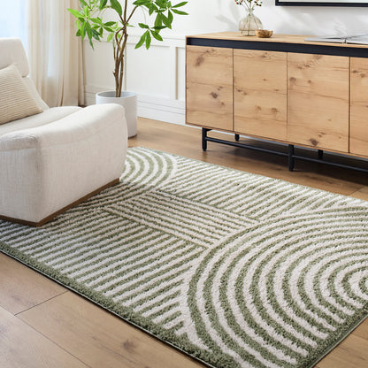 Fossay Green Cream and Washable Modern Shaggy Rug
