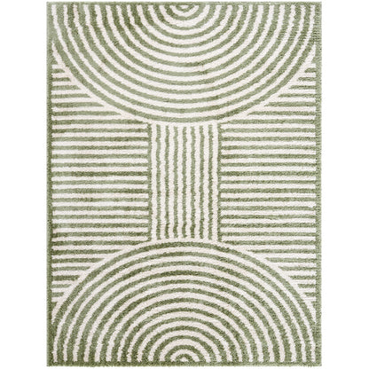 Fossay Green Cream and Washable Modern Shaggy Rug