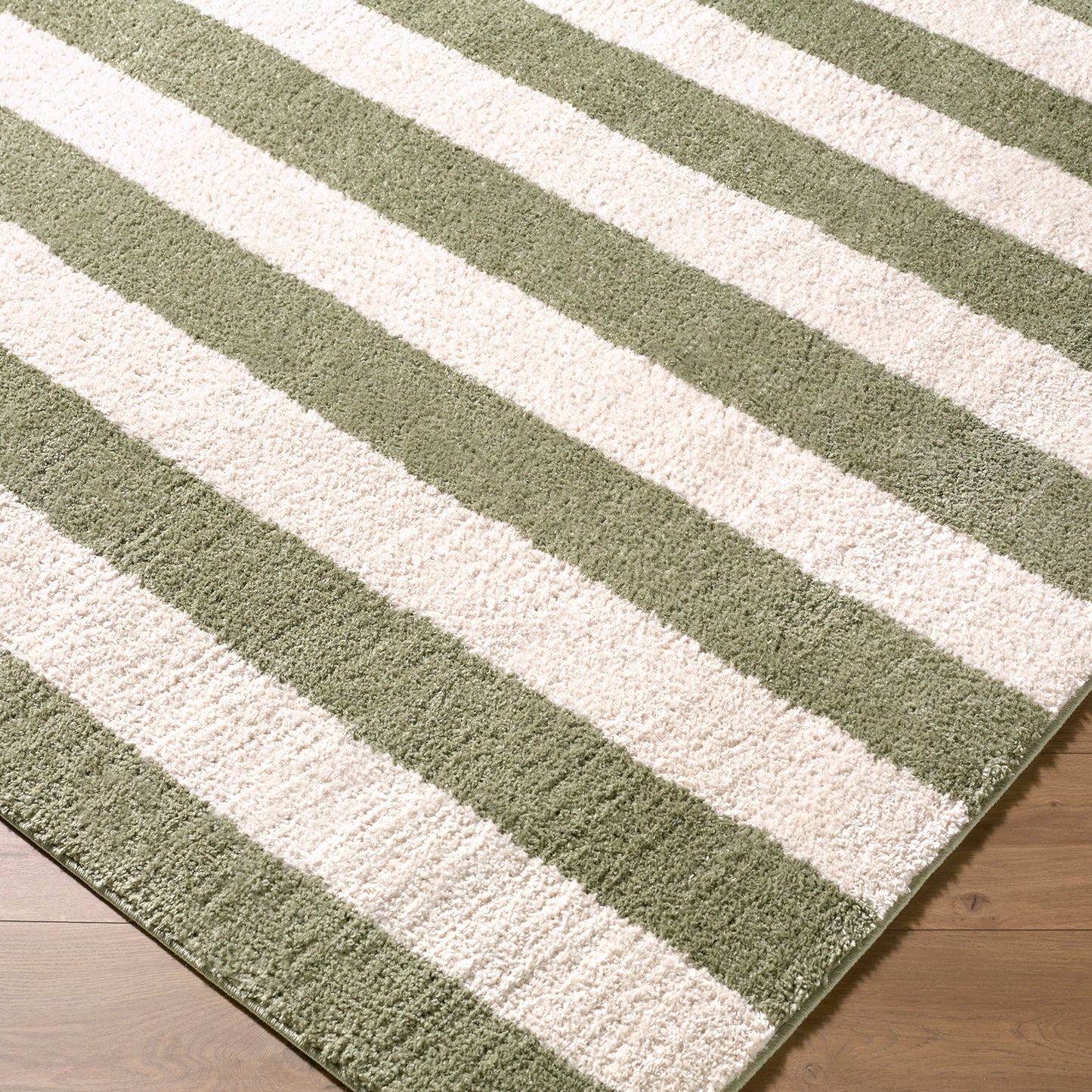 Fossay Green and Cream Washable Striped Shaggy Rug