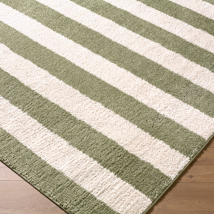 Fossay Green and Cream Washable Striped Shaggy Rug