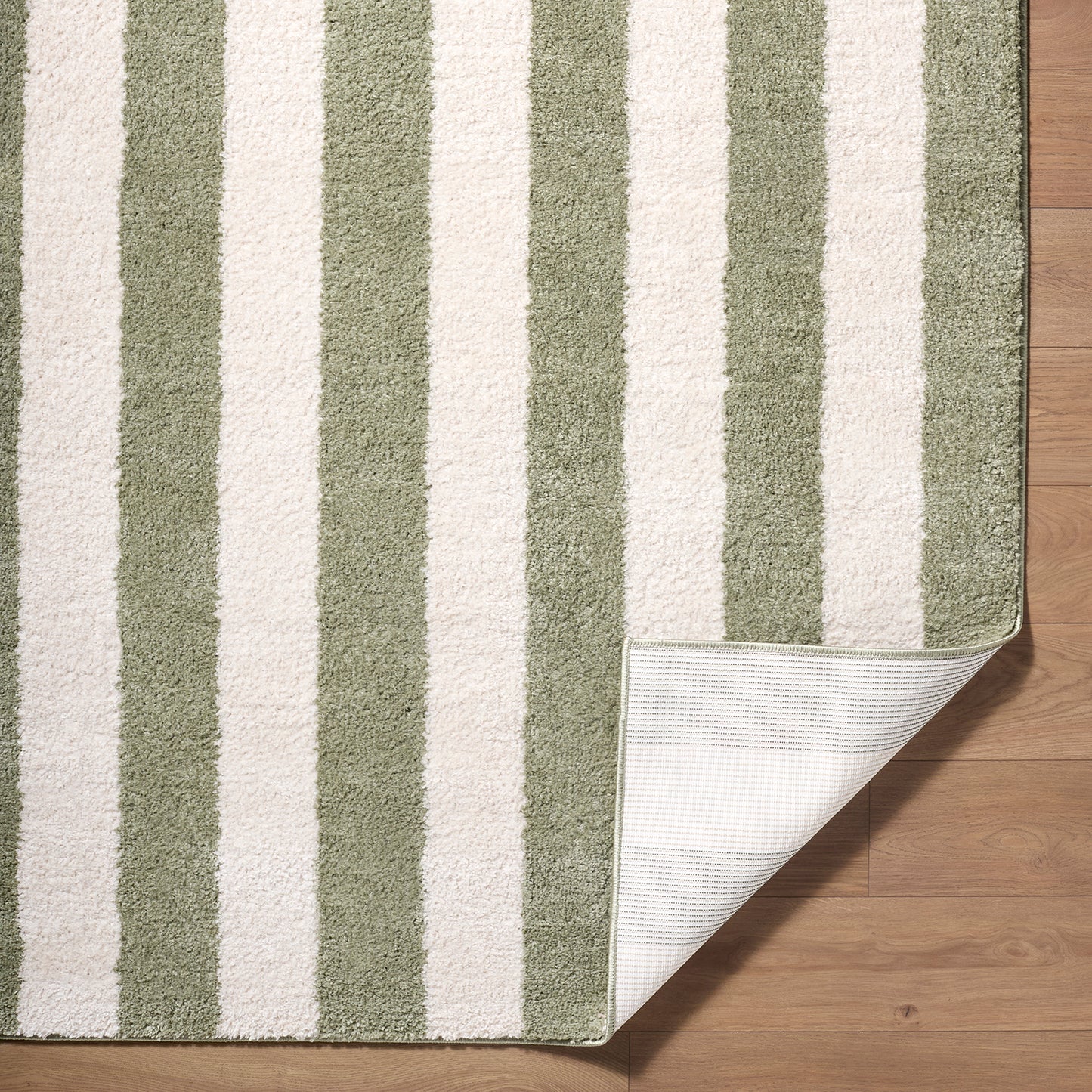 Fossay Green and Cream Washable Striped Shaggy Rug