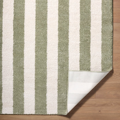 Fossay Green and Cream Washable Striped Shaggy Rug