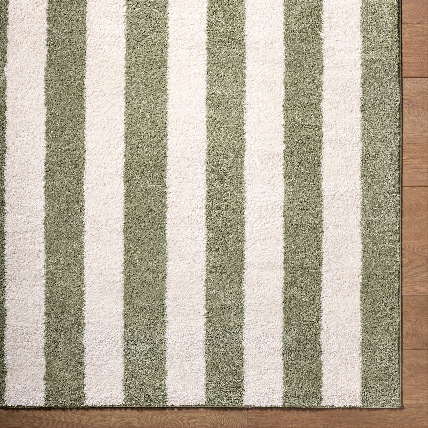 Fossay Green and Cream Washable Striped Shaggy Rug