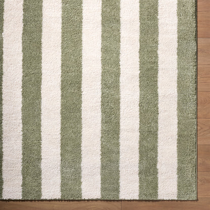 Fossay Green and Cream Washable Striped Shaggy Rug