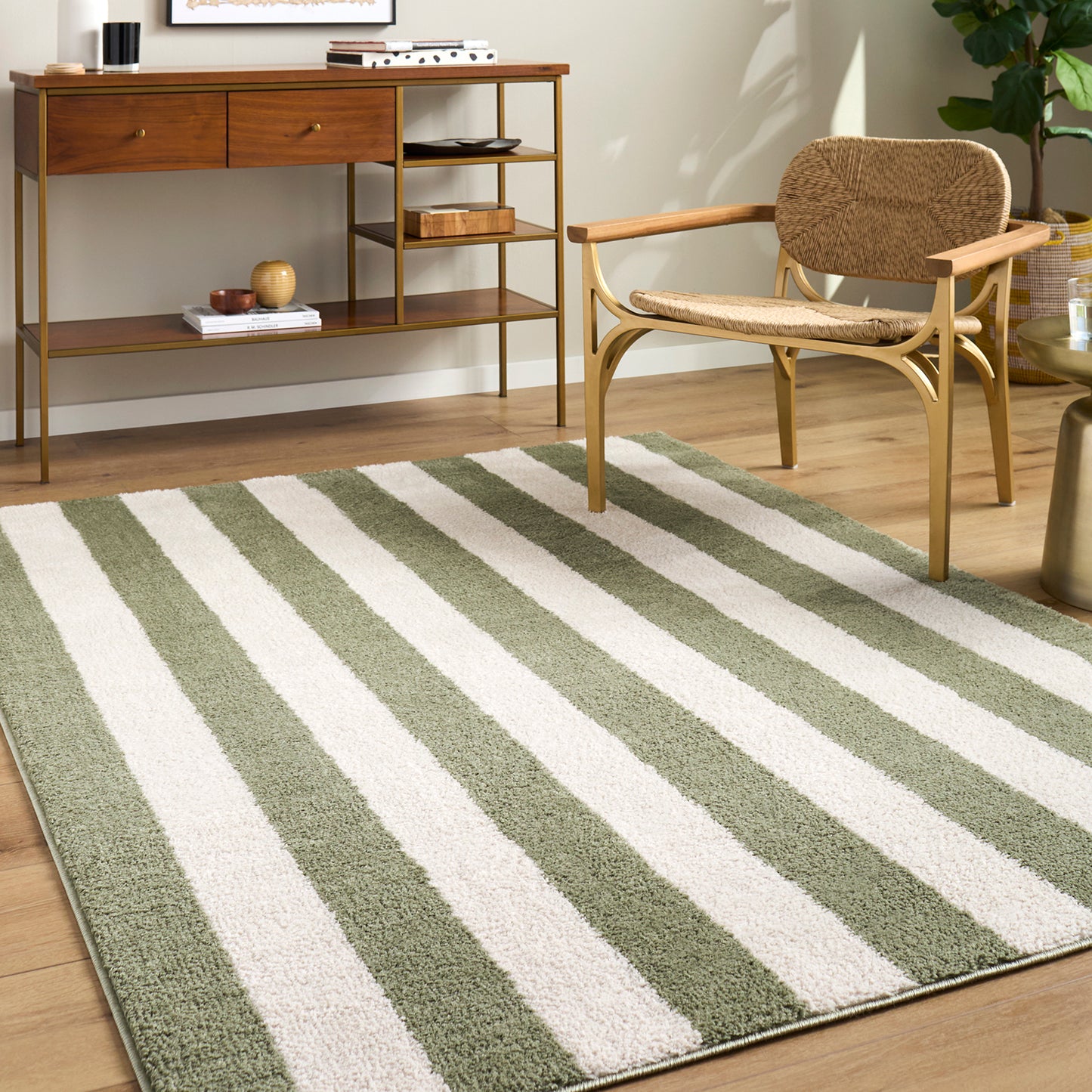 Fossay Green and Cream Washable Striped Shaggy Rug