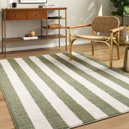 Fossay Green and Cream Washable Striped Shaggy Rug