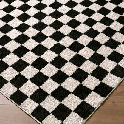 Fossay Black and Cream Washable Checkered Shaggy Rug