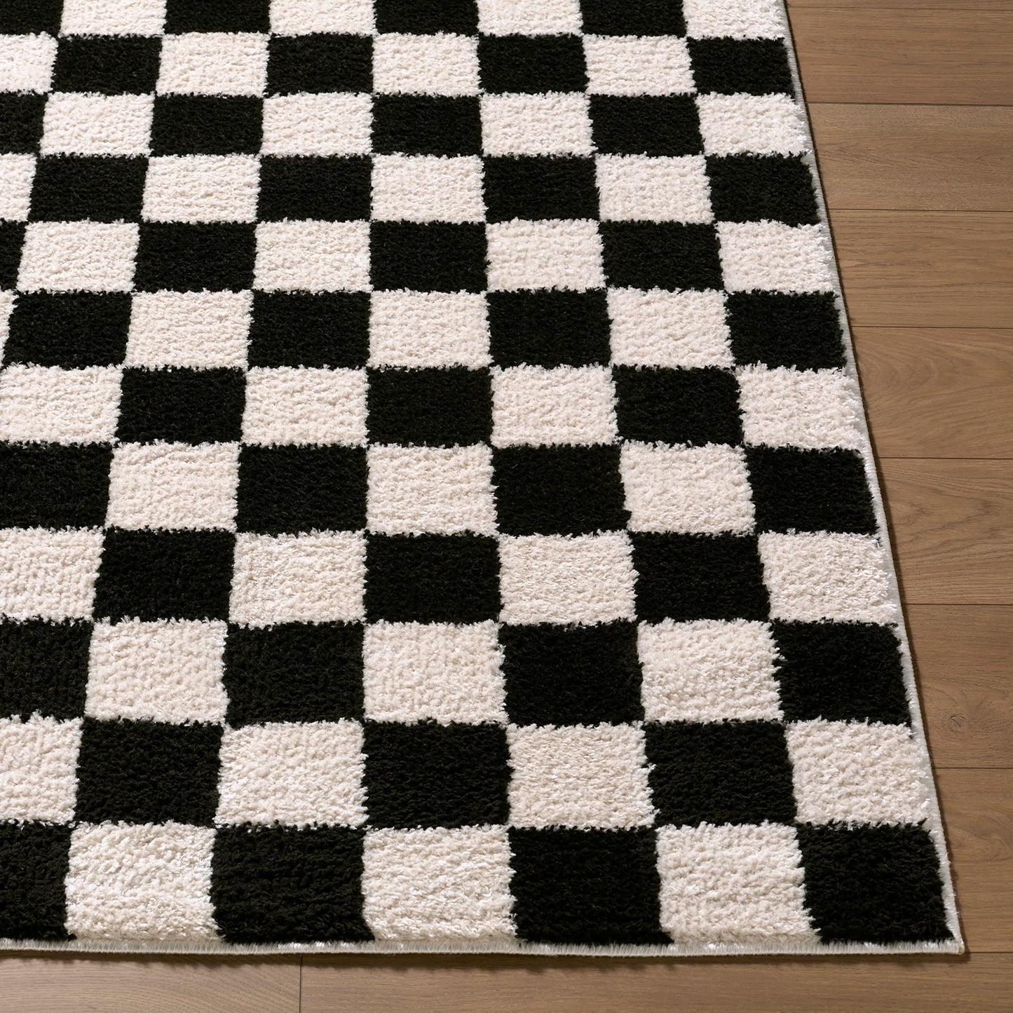 Fossay Black and Cream Washable Checkered Shaggy Rug