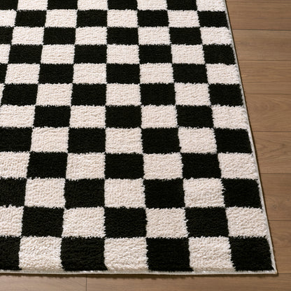 Fossay Black and Cream Washable Checkered Shaggy Rug