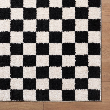 Fossay Black and Cream Washable Checkered Shaggy Rug