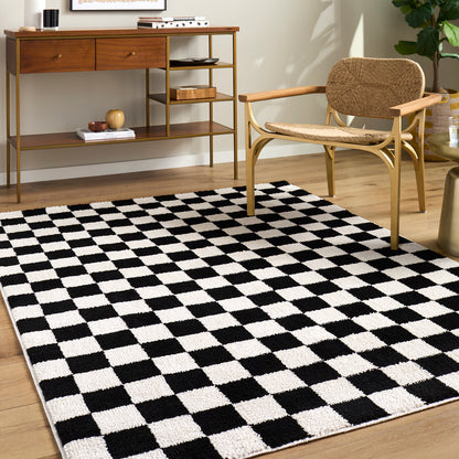 Fossay Black and Cream Washable Checkered Shaggy Rug