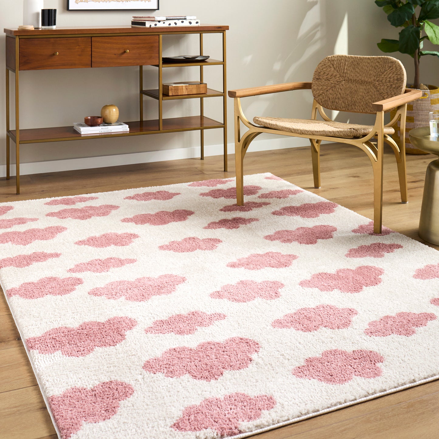Fossay Cream and Pink Washable Modern Shaggy Rug