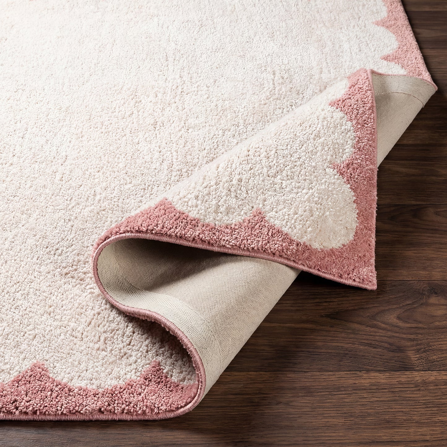 Fossay Cream and Pink Washable Modern Shaggy Rug