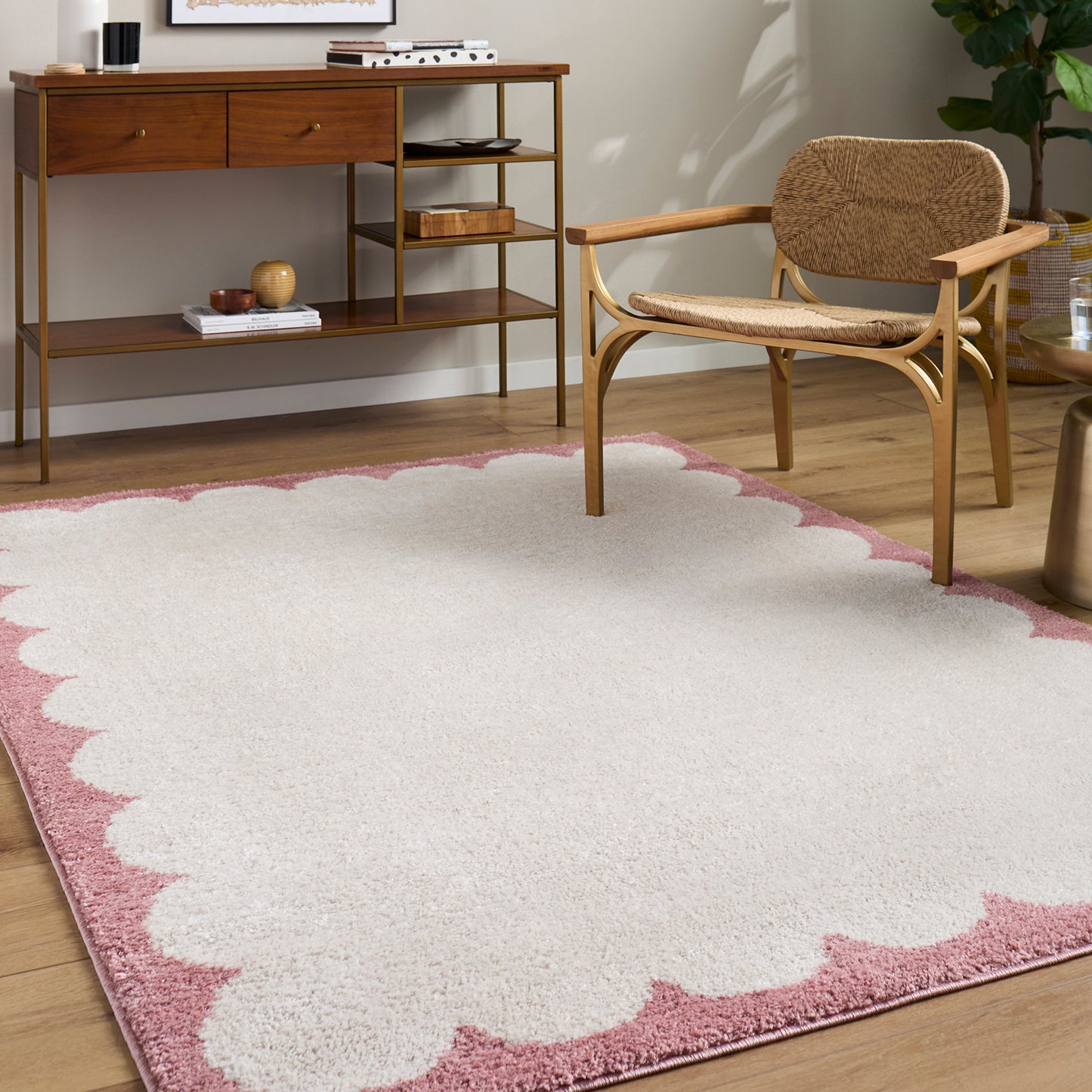 Fossay Cream and Pink Washable Modern Shaggy Rug