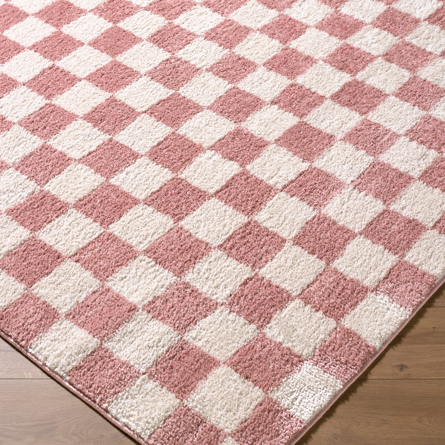 Fossay Pink and Cream Washable Checkered Shaggy Rug