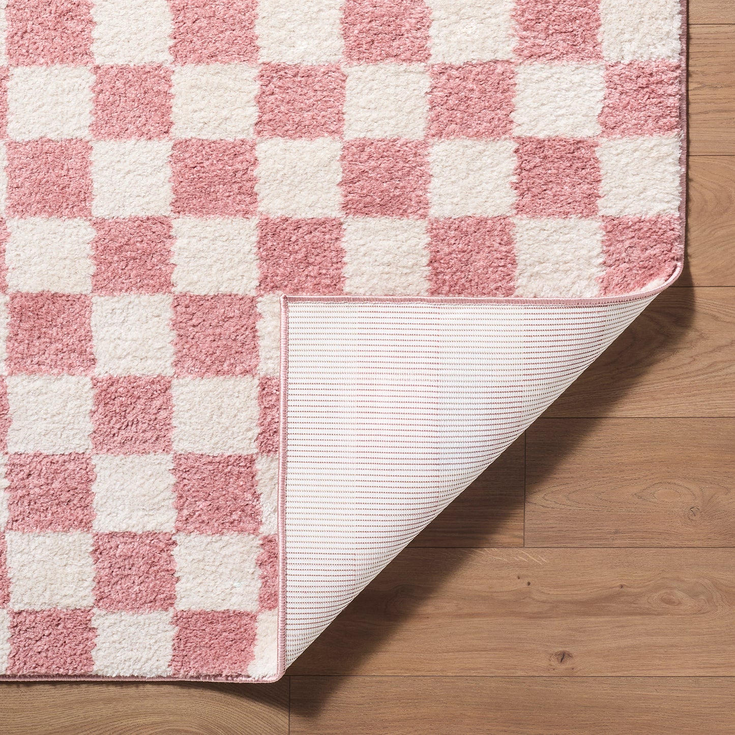 Fossay Pink and Cream Washable Checkered Shaggy Rug