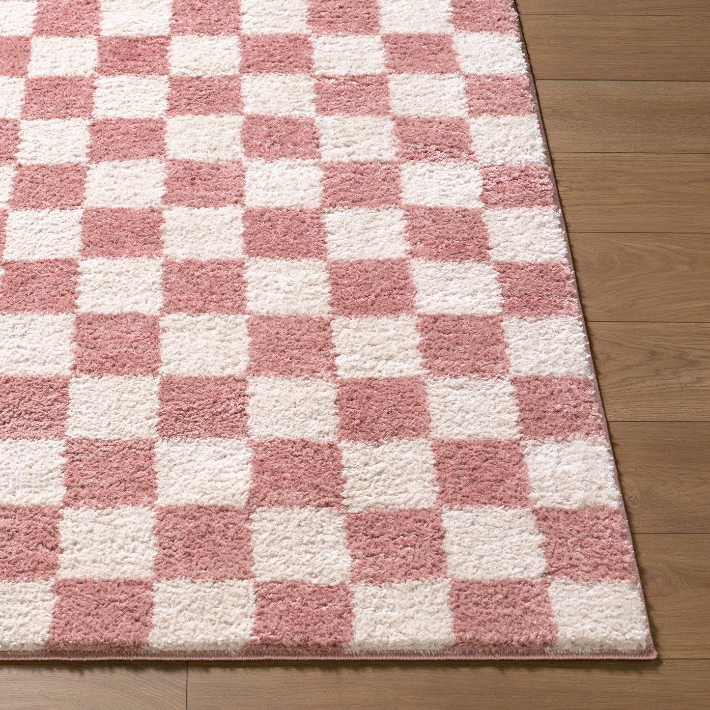 Fossay Pink and Cream Washable Checkered Shaggy Rug