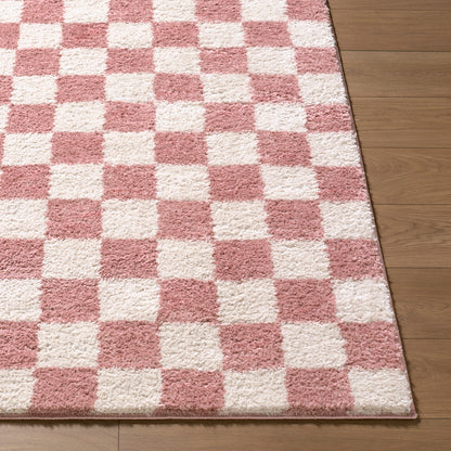 Fossay Pink and Cream Washable Checkered Shaggy Rug