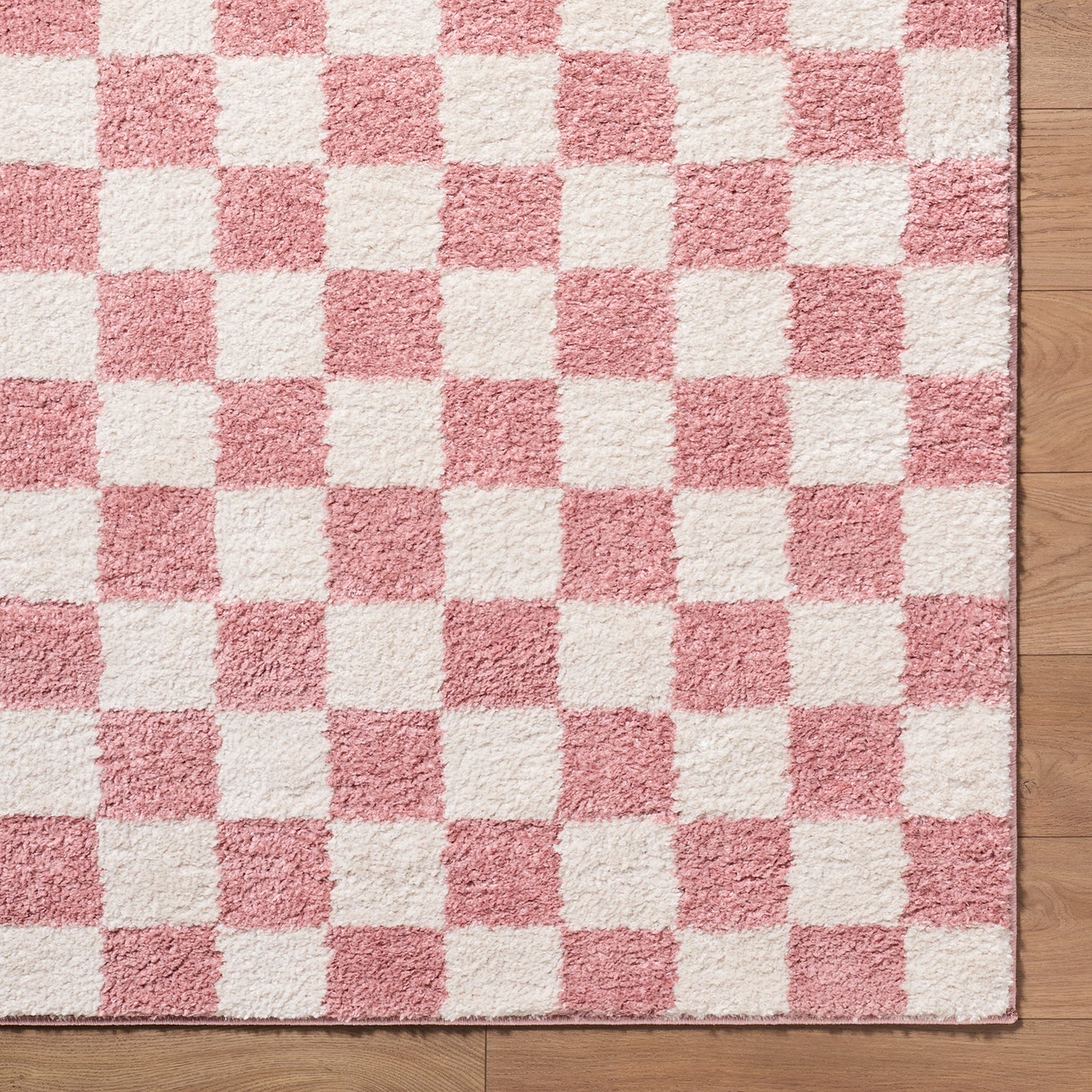 Fossay Pink and Cream Washable Checkered Shaggy Rug