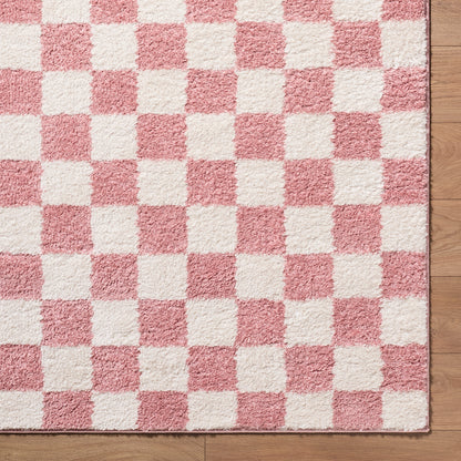 Fossay Pink and Cream Washable Checkered Shaggy Rug