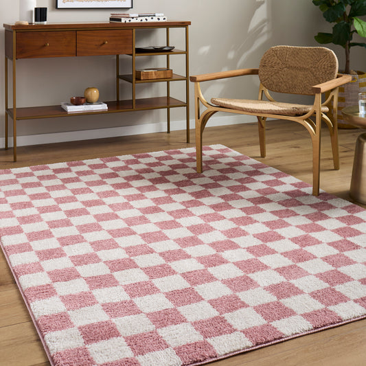 Fossay Pink and Cream Washable Checkered Shaggy Rug