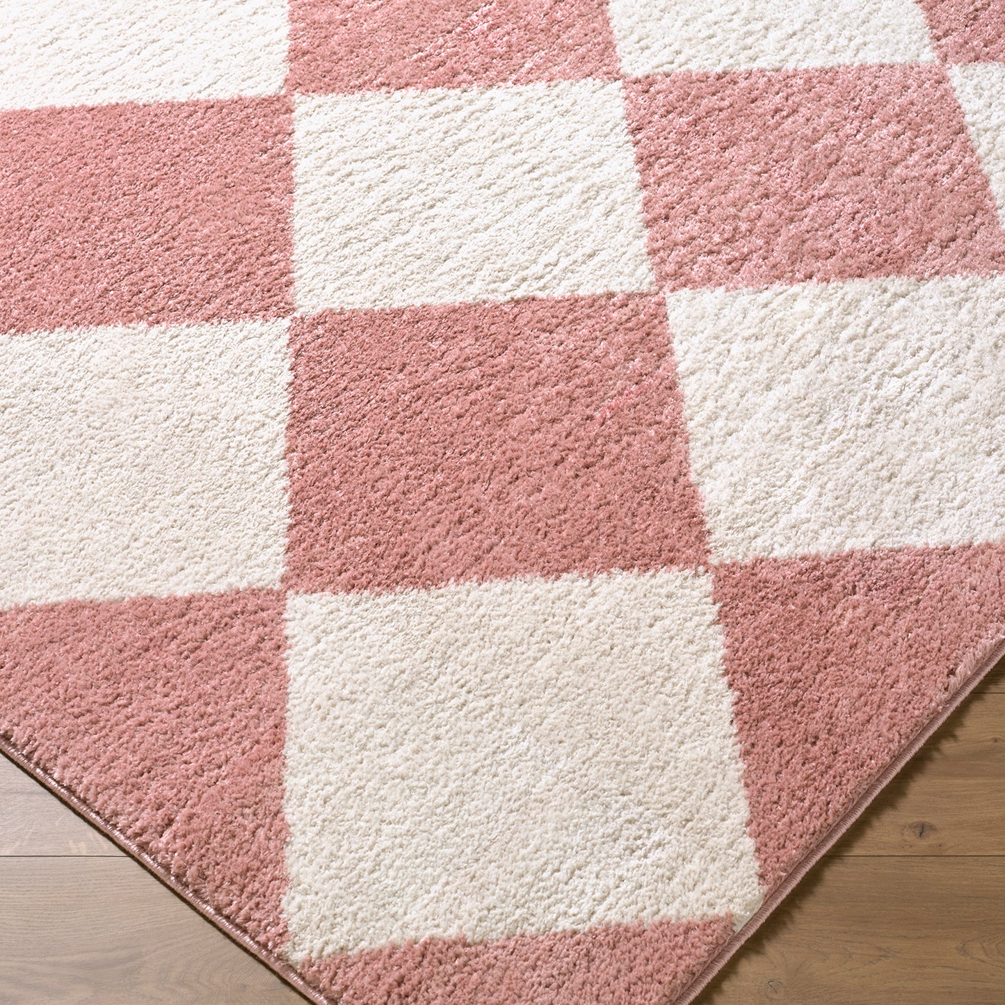 Fossay Cream and Pink Washable Checkered Shaggy Rug