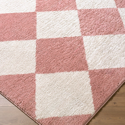 Fossay Cream and Pink Washable Checkered Shaggy Rug