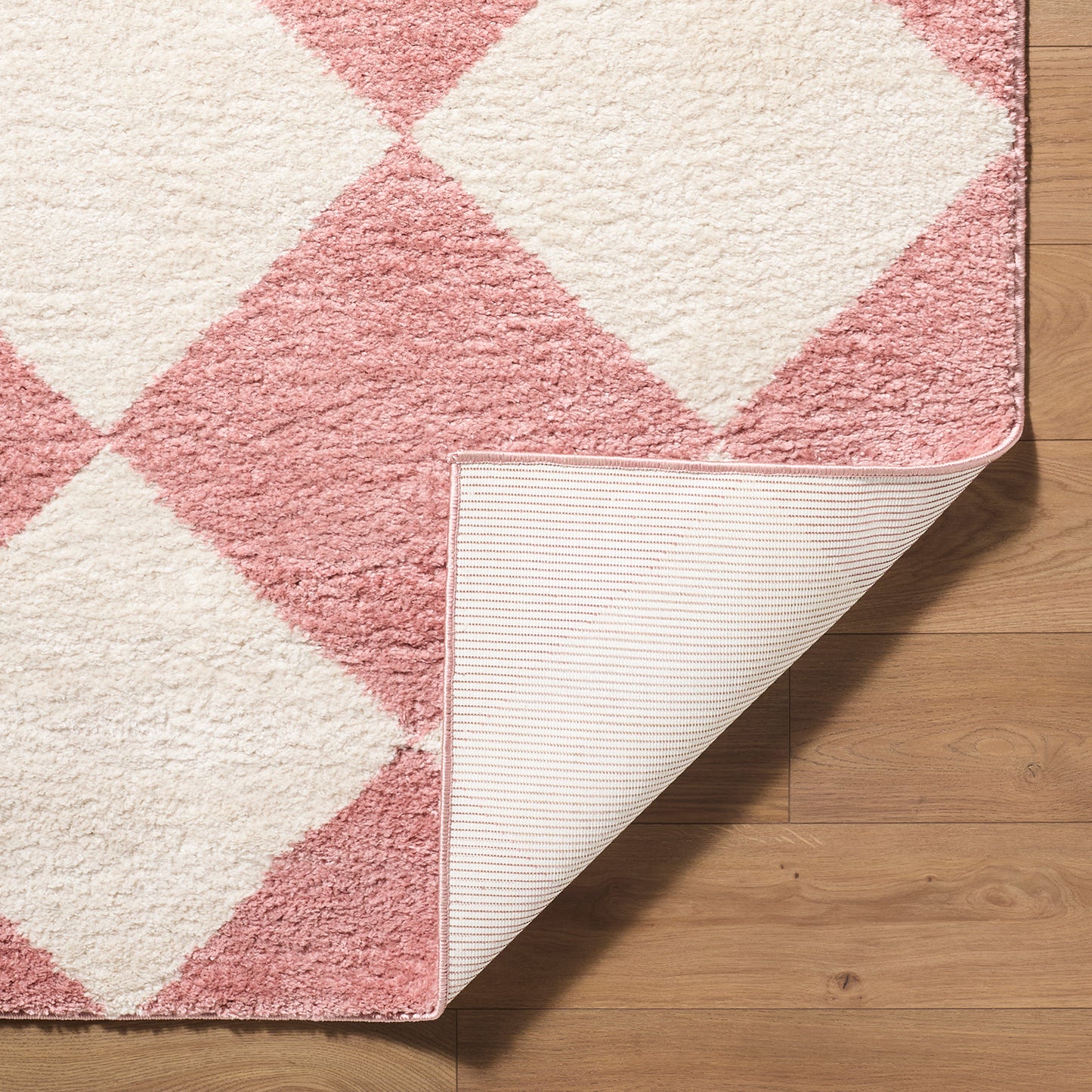 Fossay Cream and Pink Washable Checkered Shaggy Rug