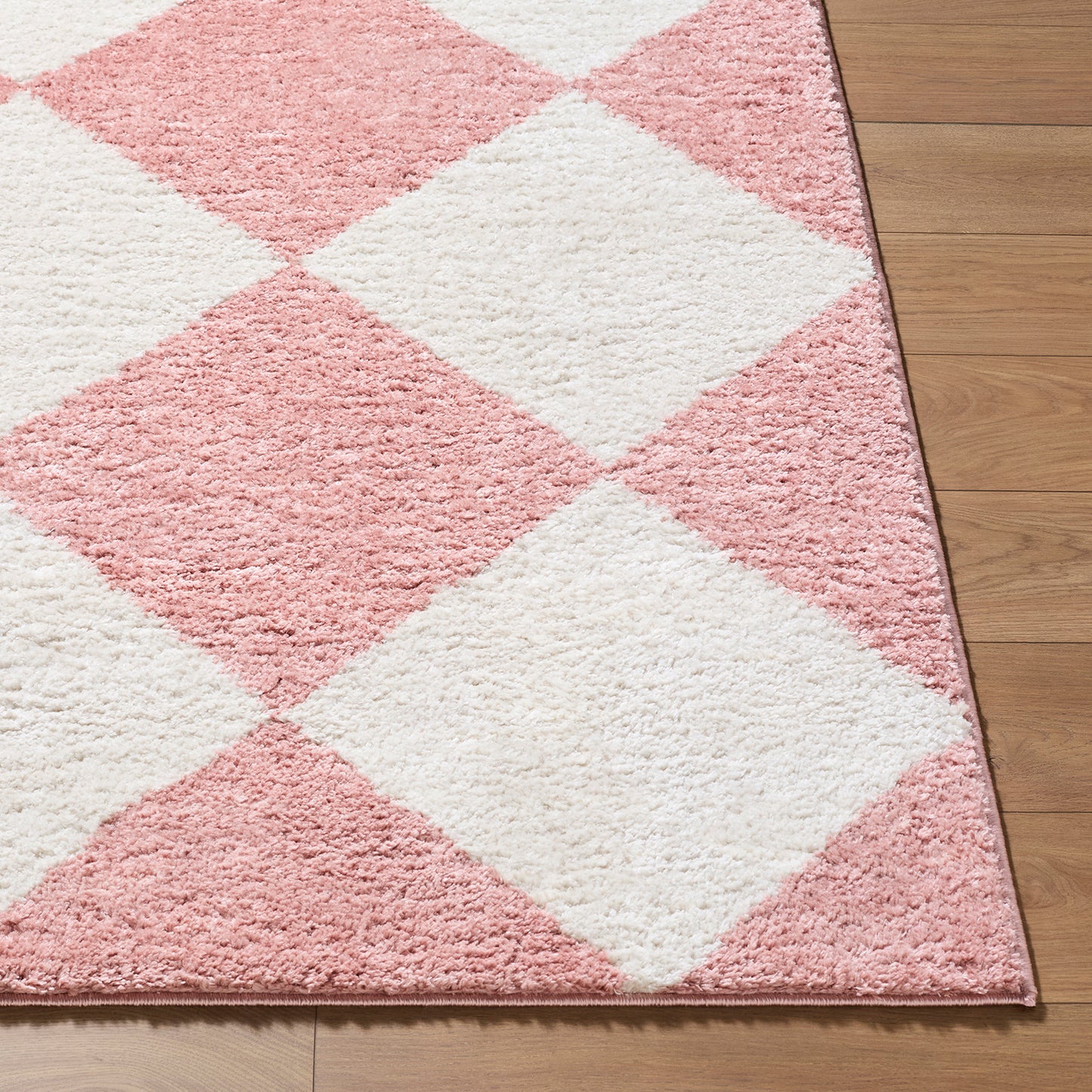 Fossay Cream and Pink Washable Checkered Shaggy Rug