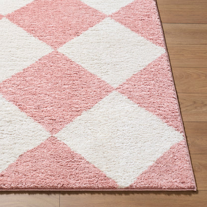 Fossay Cream and Pink Washable Checkered Shaggy Rug